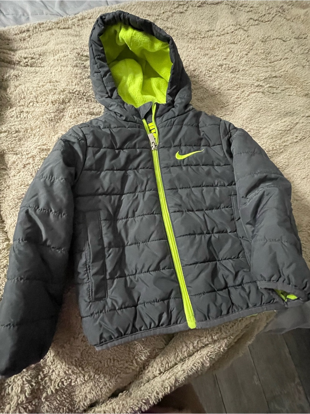 Nike Kids Gray Puffer Jacket with Neon Yellow Accents